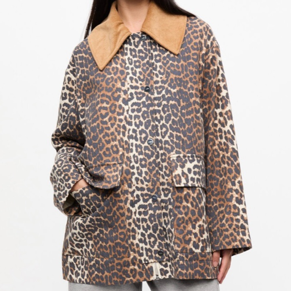 NWT Ganni Leopard Printed Canvas MIDI Jacket Size L/XL
